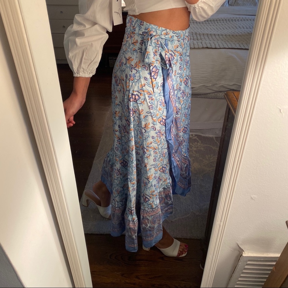π BOHO BLUE FLORAL WRAP HIGH WAIST RUFFLE MAXI SKIRT! - Picture 7 of 8